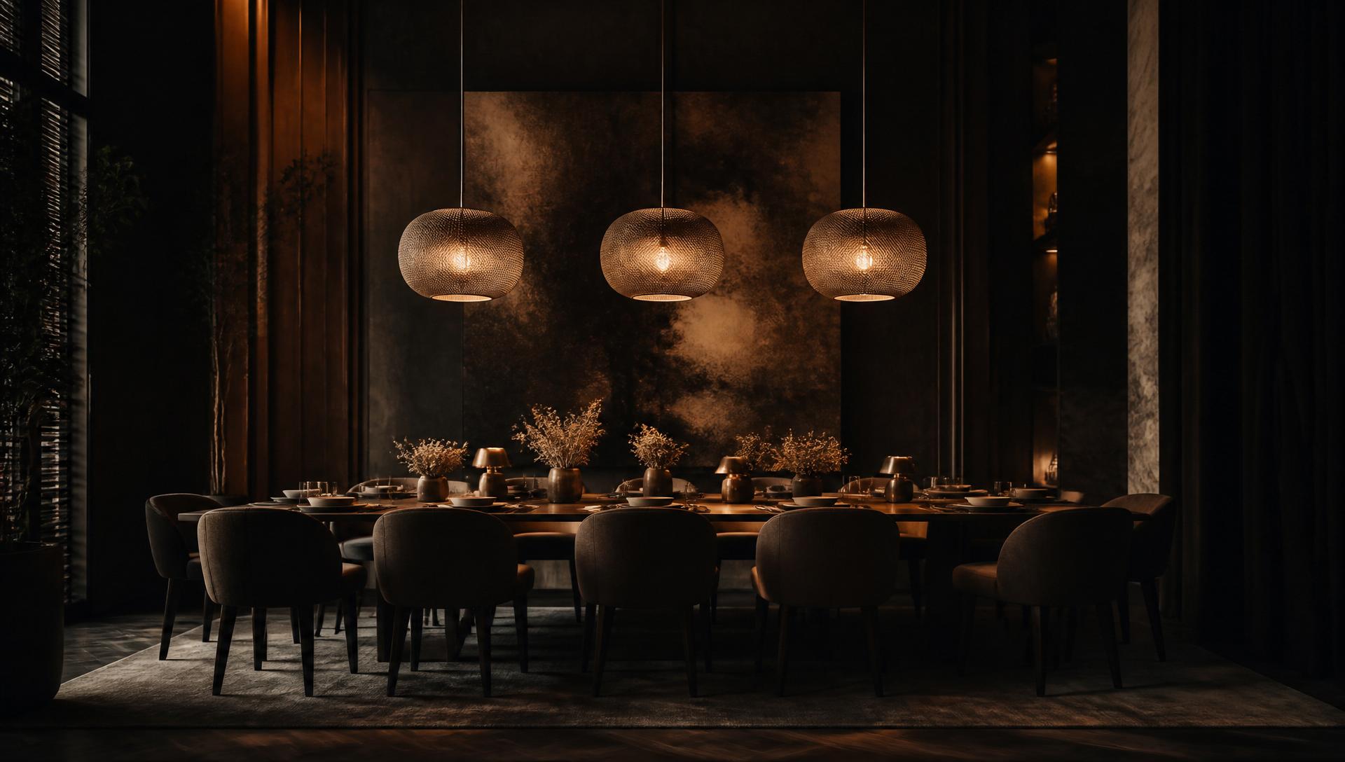 European interior with warm pendant lighting